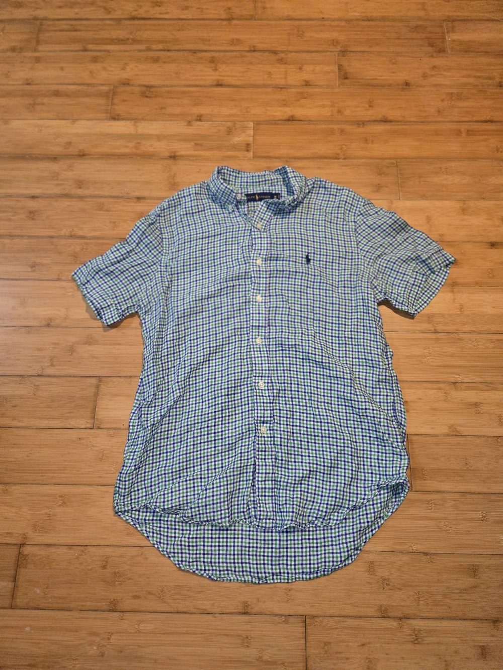 Polo Ralph Lauren Linen Shirt Men M Blue Green Plaid Classic Fit Button Up
